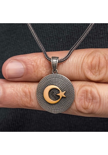 Gümüş Ay Yıldızlı Erkek Kolye Çok Renkli