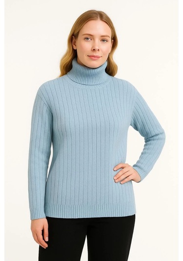 Kadın Balıkcı Yaka Bağazlı Triko Kazak Pamuklu Kalın Fitilli Dokuma - Bebek Mavisi Bebek Mavisi