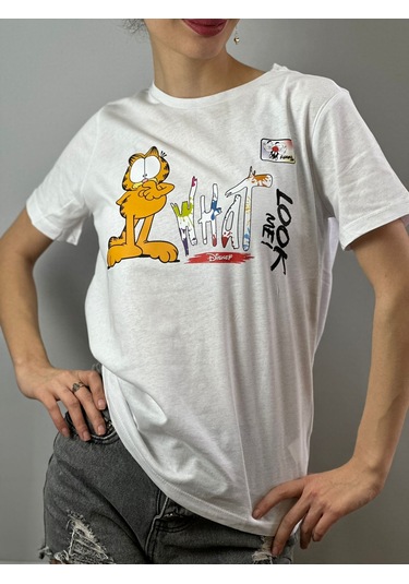 Sarman Kedi Baskılı Tişört T-shirt Unisex Beyaz