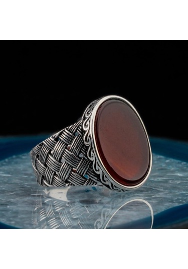925 Ayar Gümüş Oval Kırmızı Akik Taşlı Örgü Desenli Erkek Yüzük - 554220170