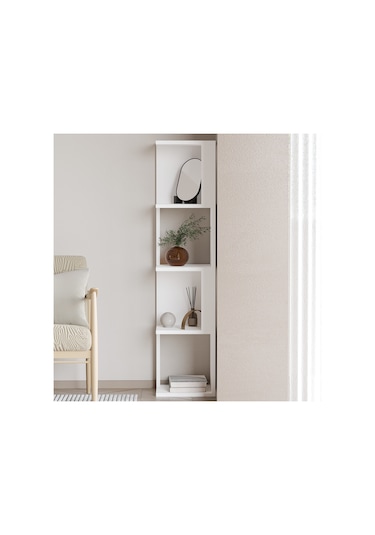 Herry Köşe Kitaplık Dekoratif Raf Ünitesi, Modern Kütüphane Beyaz