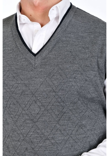 Kamalı Gri Erkek Çelik Örgü Intersiye Kışlık Kalın Triko V Yaka Triko Örgü Tüylenmez Süveter Gri