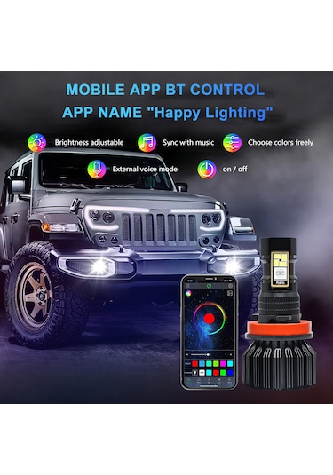 Tenfowee F0069 Ev23 H8/h9/h11 Uyumlu Bluetooth Kontrollü Su Geçirmez Rgb Led Sis Farı - 8000lm Parlaklık