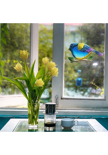 Vkemall Mavi Kuş Şekilli Metal Ve Cam Bahçe Zilcikleri - Stres İndirici Doğa Sesleri, Dekoratif Dış Mekan Aksesuarı
