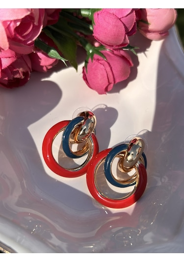 Bymerve Abiye Tasarım Halka Gold Tabaka Kırmızı 3,5cm Kadın Çelik Küpe Kırmızı