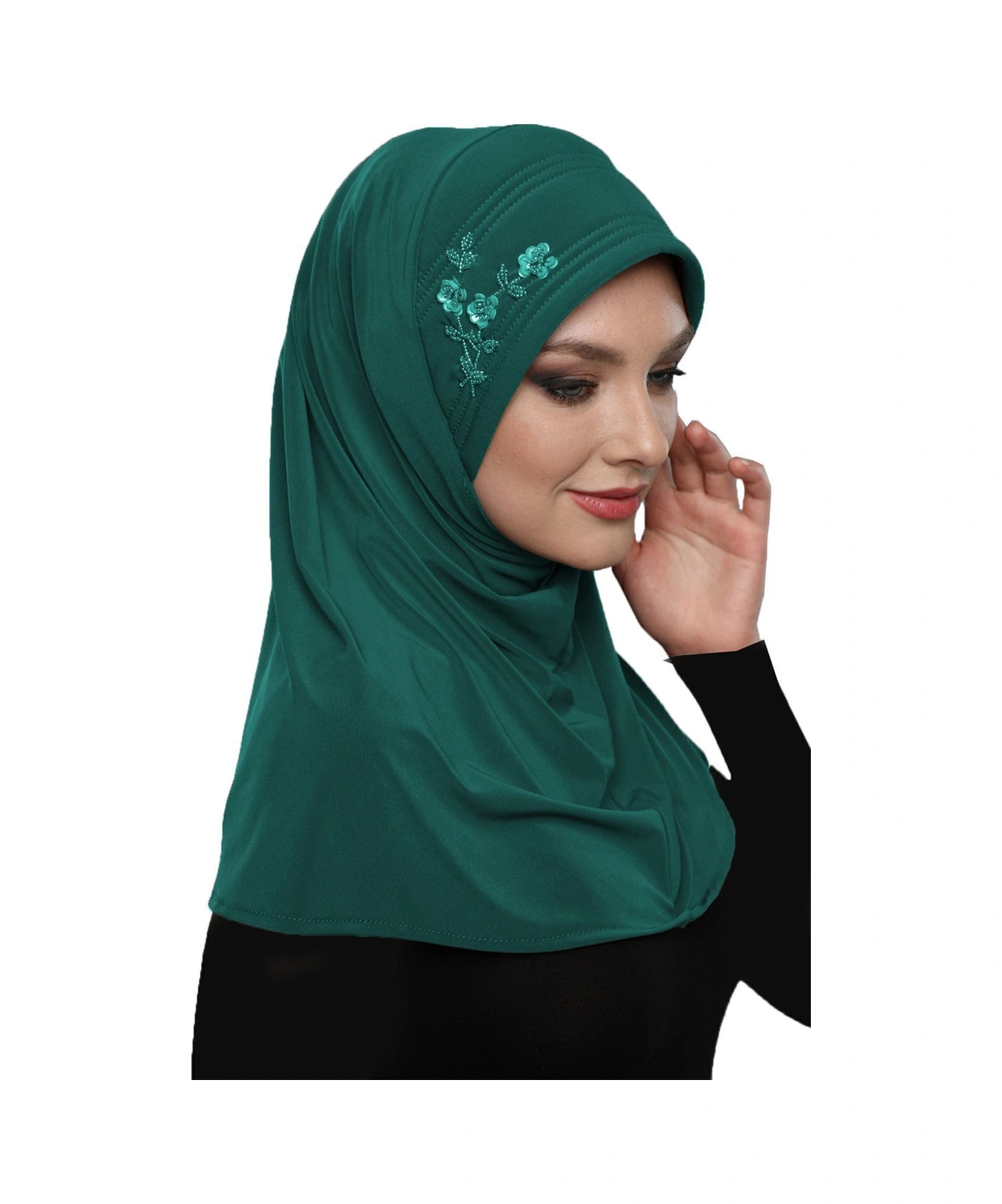 Takmatik Taşlı El Işi Boncuk Işlemeli Yeşil Hazır Türban Tesettür Bone Namaz Örtüsü Hürrem