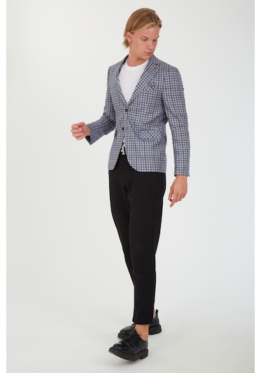 Sposo 5138 Dar Kalıp Kare Desenli Gri Erkek Blazer Ceket Gri