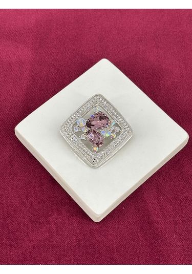 Mor Büyük Parlak Taşlı Kare Şekilli Silver Broş Silver
