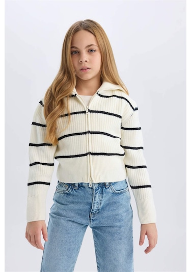 DeFacto Kız Çocuk Çizgili Fermuarlı Triko Hırka D1387A824WNER233 Ekru