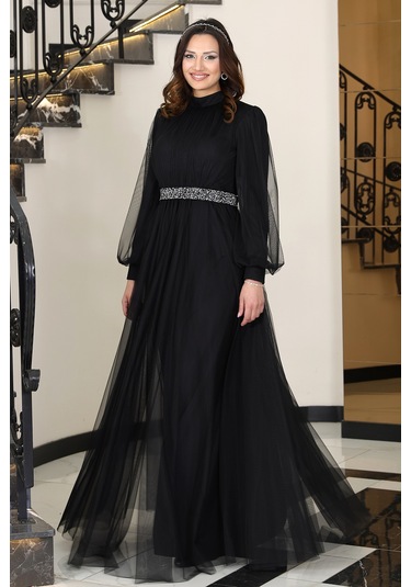 Alia Şık Taş Detaylı Büyük Beden Tesettür Abiye - Alya Siyah