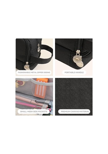 Mufunye 7 Bölmeli Geniş Kapasiteli Kanvas Kalem Çantası - Okul Ofis Stoklarını Düzenleyen Taşınabilir Çantam Siyah Siyah