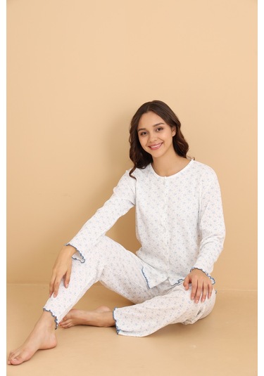 Mirano 8455 Pointel Kumaş Boydan Düğmeli Günlük Çiçekli Kadın Pijama Takımı Beyaz
