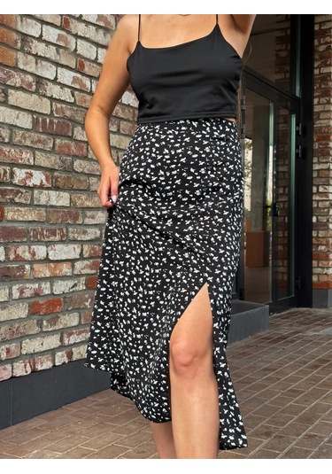 Kev Yazlık Yırtmaçlı Midi Etek 446077333 Siyah Melanj