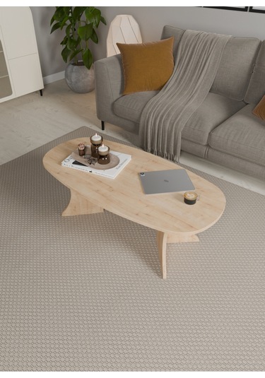 Oval Orta Sehpa Geniş Yüzeyli, Stabil Ayaklı Modern Salon Sehpası Safir Meşe