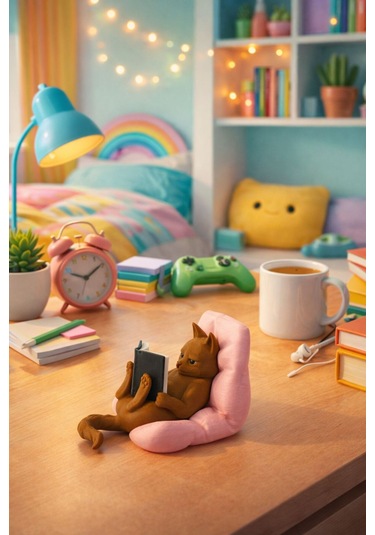 Kitap Okuyan Kedi Objesi Masaüstü Dekoru Ev Dekorasyonu Hediye Alternatifi