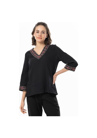 Truvakar Kol V Yaka Nakışlı Talya Şile Bezi Yazlık Bluz Siyah Syh-siyah