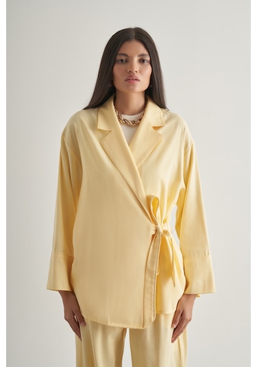 Mizalle Keten Karışımlı Anvelop Bağlı Sarı Kimono Ceket Sari