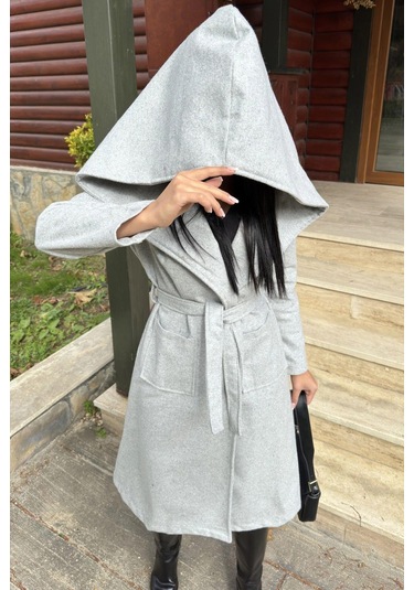 Gri Kruvaze Yaka, Kapüşonlu, Çift Cepli, Beli Kemerli, Uzun Kaşe Kaban Astarsız Gri