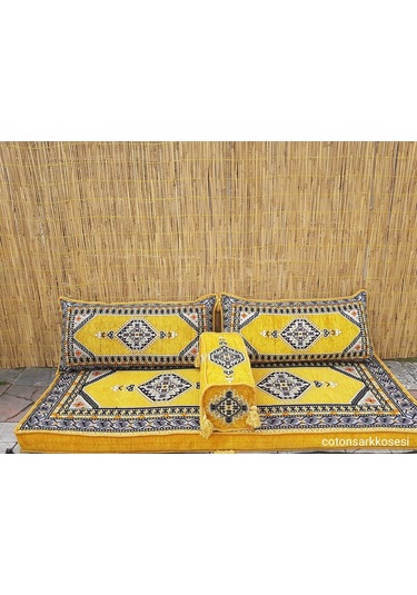 Şark Köşesi Minderi Saraylı Desenli İkili Sedir Takımı Sarı Sünger Dahil
