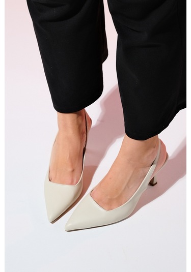 Luvishoes Flem Ekru Cilt Kadın Sivri Burun Arkası Açık İnce Topuklu Ayakkabı Ekru