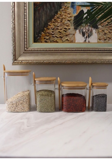 The Mia Bambu Kaşıklı Cam Saklama Kabı Kare 1050 Cc