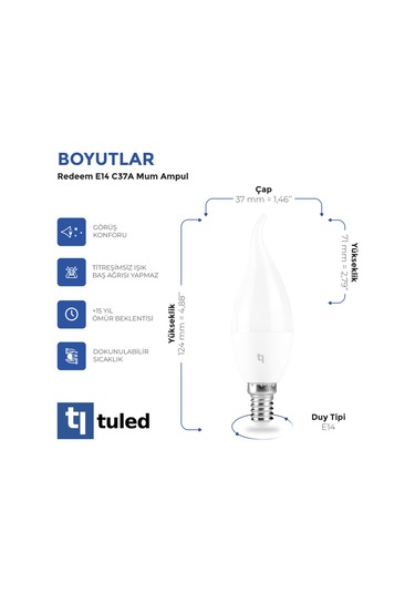 Redeem C37a E27 Mum Ampul, Titreşimsiz, Göz Konforu, 494 Lümen, Ilık Beyaz, 3000 Kelvin