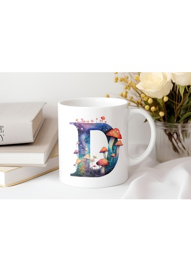 D Baş Harfi Fantastik Mantarlı Kupa Bardak - Kişiye Özel Masalsı Bardak - Hediye Beyaz