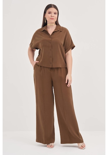 Kısa Kollu Oversize Gömlek-1801 Kahverengi