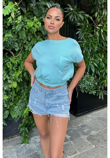 Kadın Mint Yarım Kol, Geniş Yaka, Tek Cepli, Beli Lastikli Rahat Crop Bluz Mint