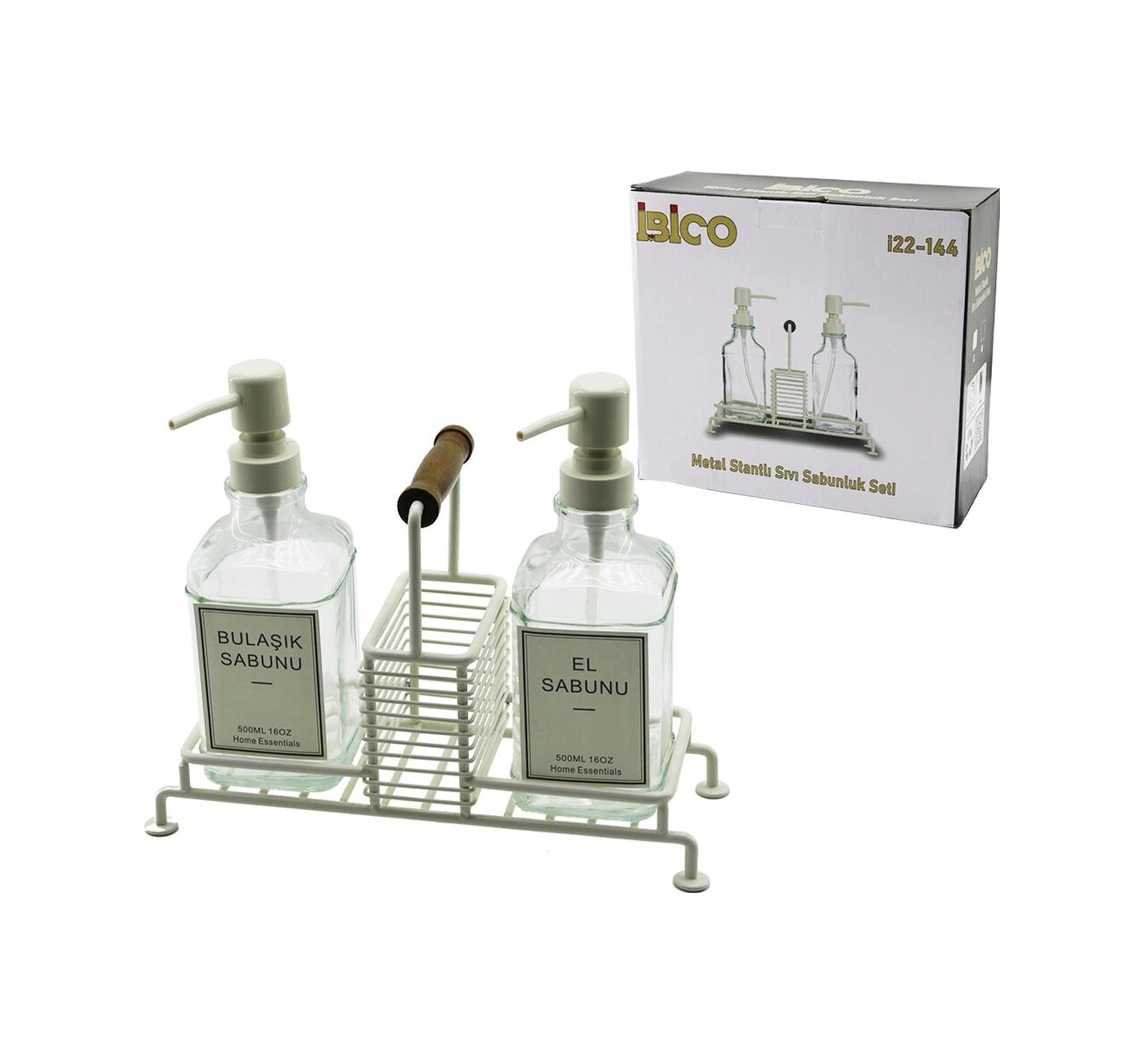 3 Pcs Metal Standlı - Cam Sıvı Sabunluk Seti Ahşap Tutmalı - Süngerlik 5256