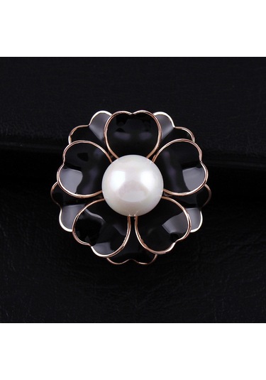 Kadınlar İçin Çiçek İnci Emaye Broş Pins Bayan Takıları Siyah