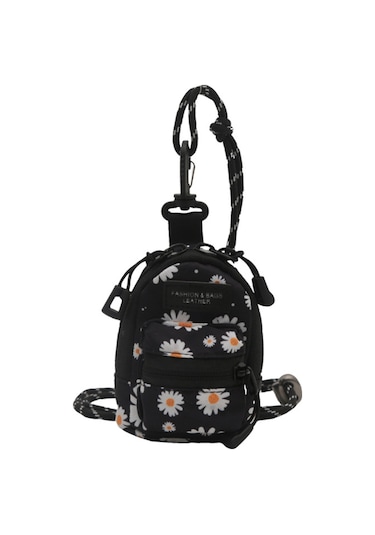 Konesam Siyah Çiçek Desenli Mini Çok Amaçlı Cloth Çanta - Tek Omuz, Çapraz, Boyun Ve Bel Taşıma Seçenekleriyle Küçük Eşyalarınızı Saklayın