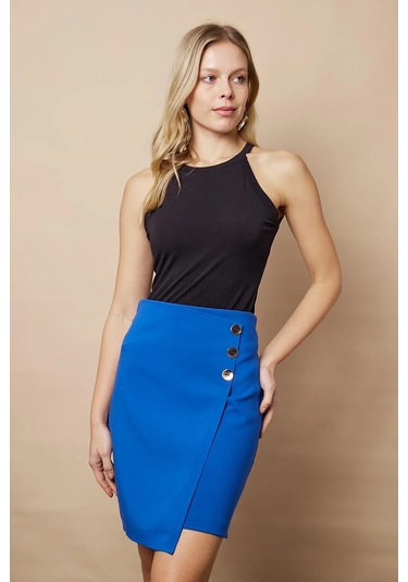 Kadın Arkadan Fermuarlı Düğme Detaylı Hafif Likralı Kumaş Diz Üstü Kalem Etek-saks SAX