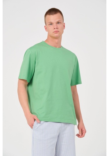 Erkek 2 Li Paket %100 Pamuk Oversize Tişört Basic Bisiklet Yaka Kısa Kollu T-shirt Yeşil