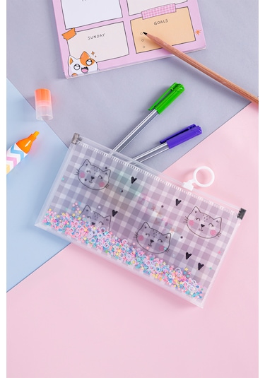 Simli Şeffaf Kalem Çantası - Kedi Desen