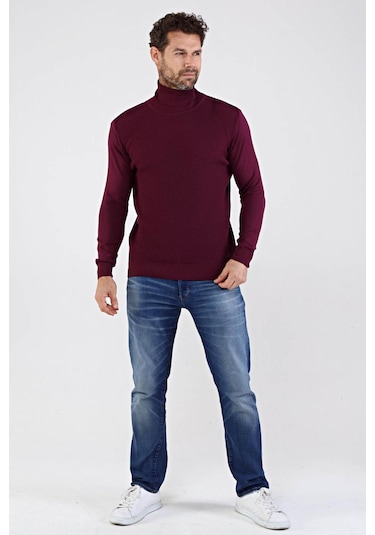 Çizgi Triko Erkek Tam Balıkçı Yaka Pamuklu Triko Kazak 4669E Mürd Mürdüm