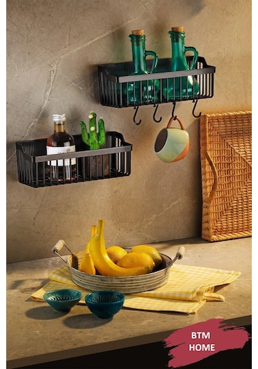 Tezgah Üstü Yapışkanlı Raf - Baharatlık Dolap Içi Düzenleyici - 2li Mutfak Organizeri Siyah Siyah