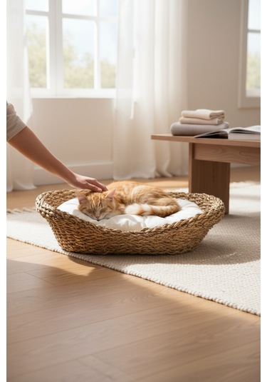 Akayev Nature Hasır Oval Kedi Ve Köpek Yatağı Minderli 53x40x14 Cm