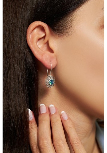 Mart Akuamarin Doğum Taşı Çiçek Motifli Telkari Gümüş Küpe