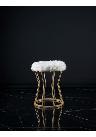 Peluş Kumaş Metal Puf Beyaz - Altın