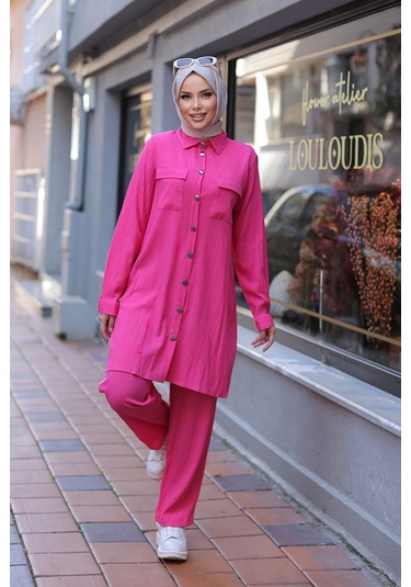 Cep Detaylı Tesettür Fuşya Takım Fuşya