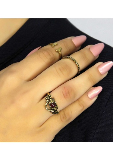 Doğal Taşlı 3'lü Garnet Lal Doğal Taşlı Antik Modelli Kadın Ayarlanabilir Yüzük Seti Euy86 Kırmızı