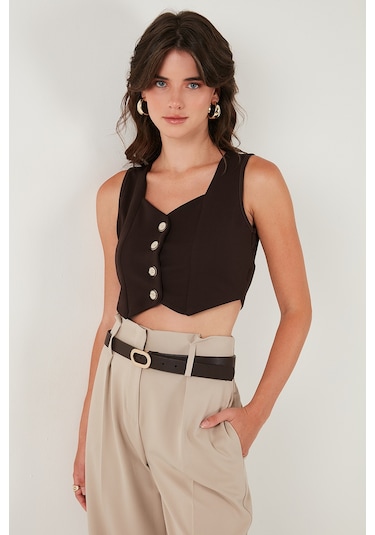 Lela Slim Fit Kalp Yaka Düğmeli Kalın Askılı Crop Bayan Yelek 5865497 Kahve