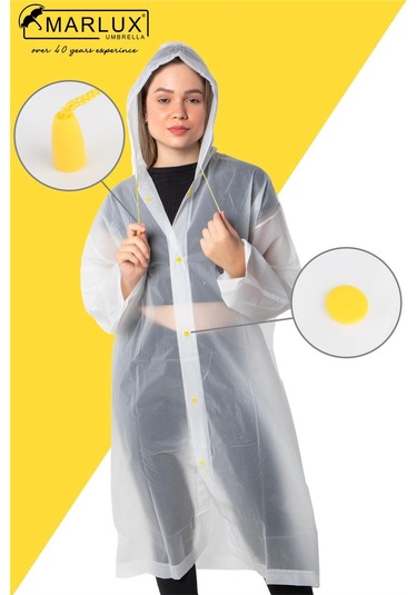 Marlux Unisex Su Rüzgar Geçirmez Kapüşonlu Çıtçıt Düğme Eva Yağmurluk - Beyaz - Sarı