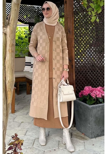 Dama Desenli Bej Triko Hırka Çok Renkli