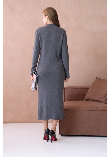 Kadın Polo Yaka Yamuşak Dokulu Maksi Boy Triko Elbise Antrasit