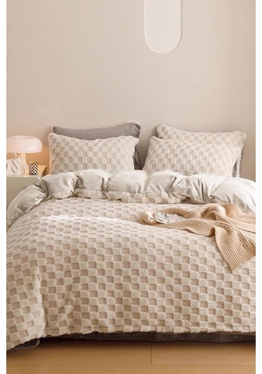 Evlen Home Çift Taraflı Kişilik Kürk Yorgan Uyku Seti Yumuşak Dolgulu Yatak Örtüsü 3 Parça Polo Krem