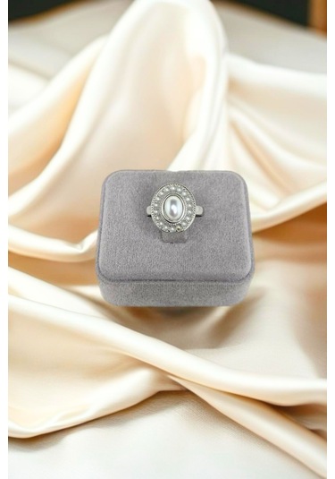 İnci Detaylı Gümüş Renkli Ayarlanabilir Çelik Yüzük Gümüş