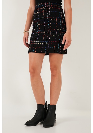 Lela Tüvit Desenli Slim Fit Yüksek Bel Mini Boy Bayan Etek 5866436 Siyah