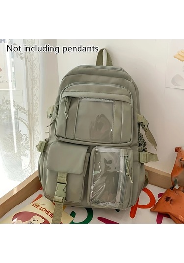 Honeybeeshop Yeşil Karikatür Ayı Tasarımlı Kadın Naylon Sırt Çantası Ayarlanabilir Askı Çoklu Cep Okul Seyahat Yeşil